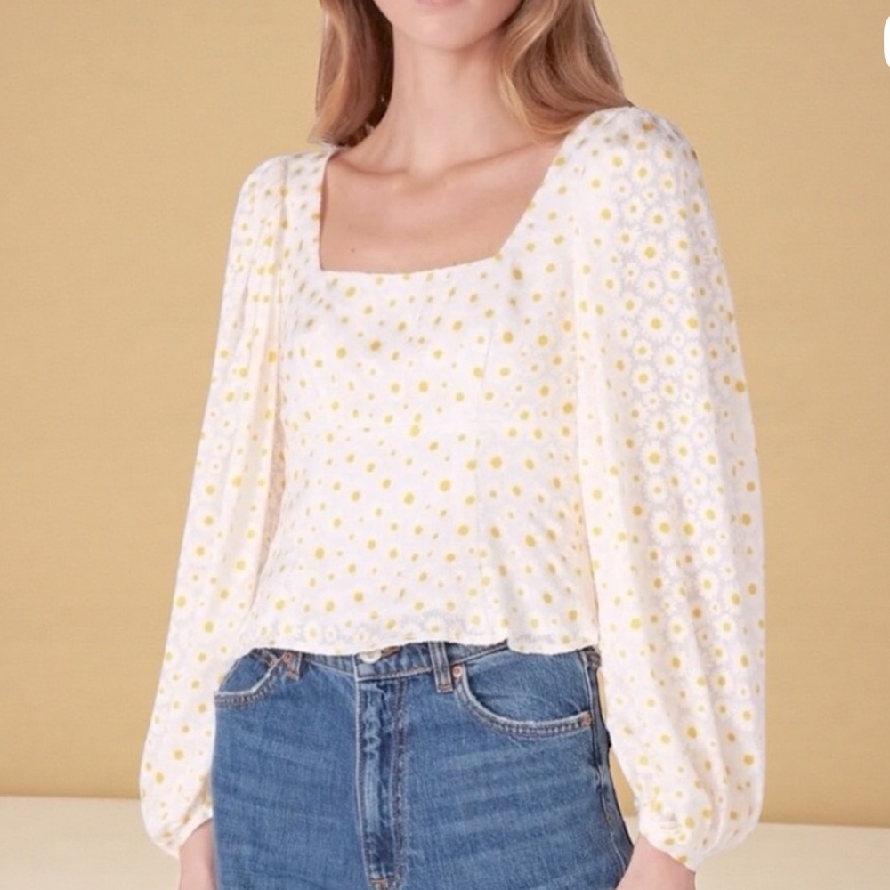 STAUD Lana Daisy Print Long Sleeve Blouse - White and Yellow size 2